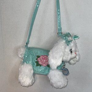 Poochie & Co White Puppy Dog Purse Sea Foam Green Sequins Rose Patch